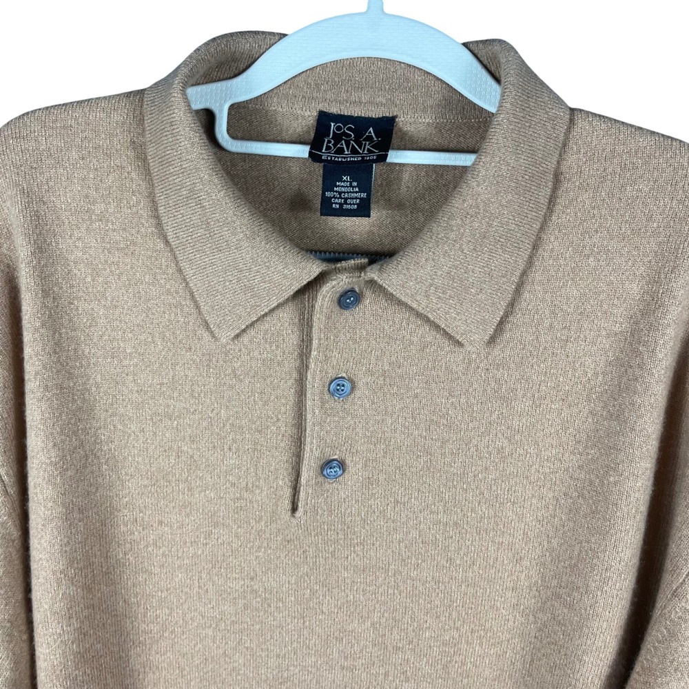 Jos. A. Bank 100% Cashmere Polo Sweater Mens XL Tan Long Sleeve Button Collared